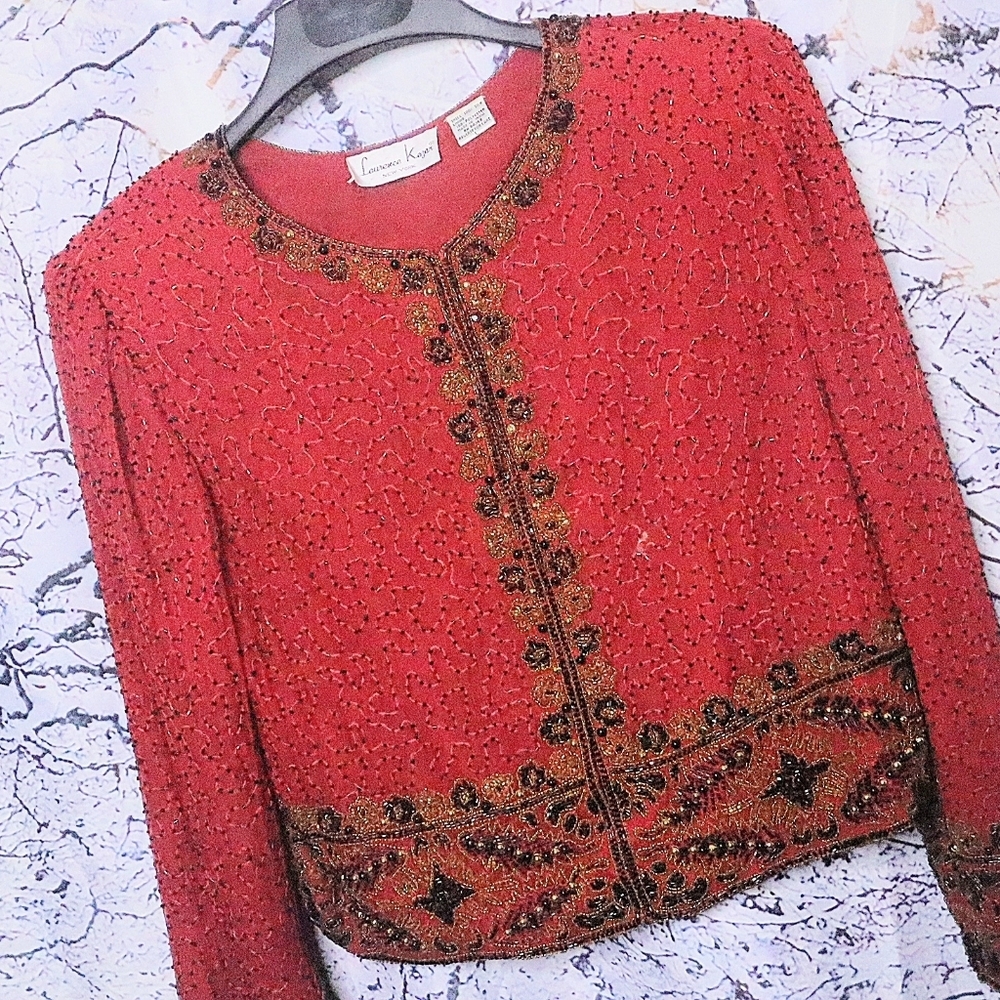 RED BEADED JACKET L Lawrence Kazar Vintage 80s 90s Formal 100% Silk Fall Winter